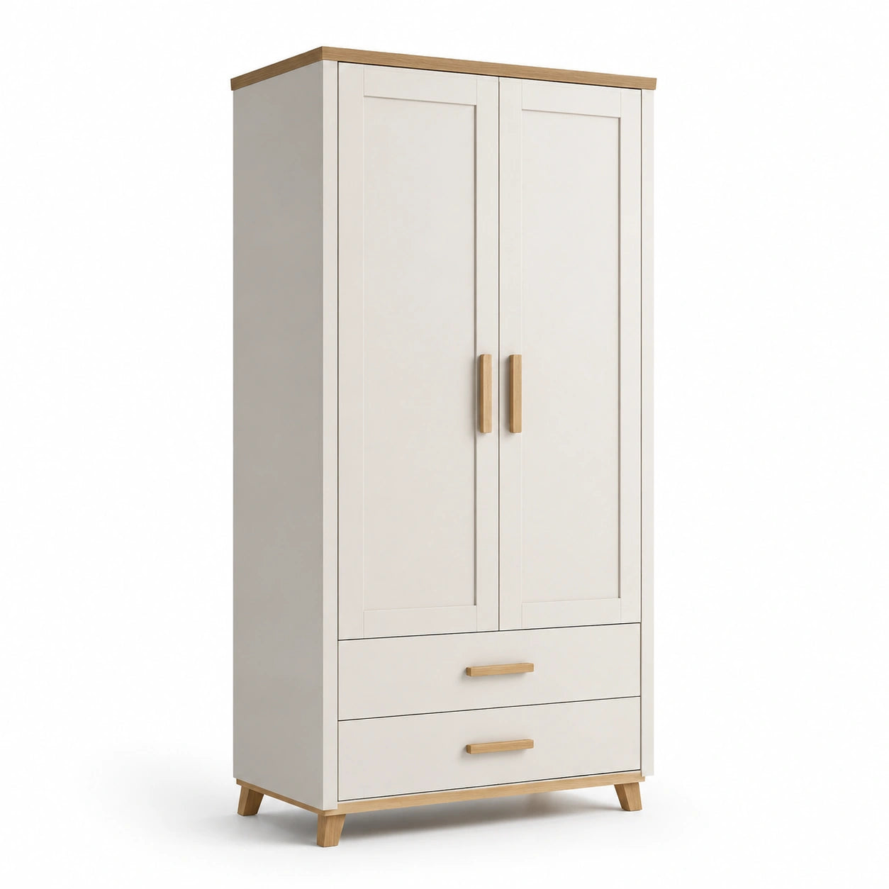 Armadio a due ante in MDF bianco con dettagli in legno di rovere
