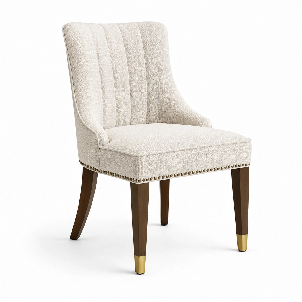 Sedia da pranzo in legno con rivestimento in poliestere beige e dettagli in metallo