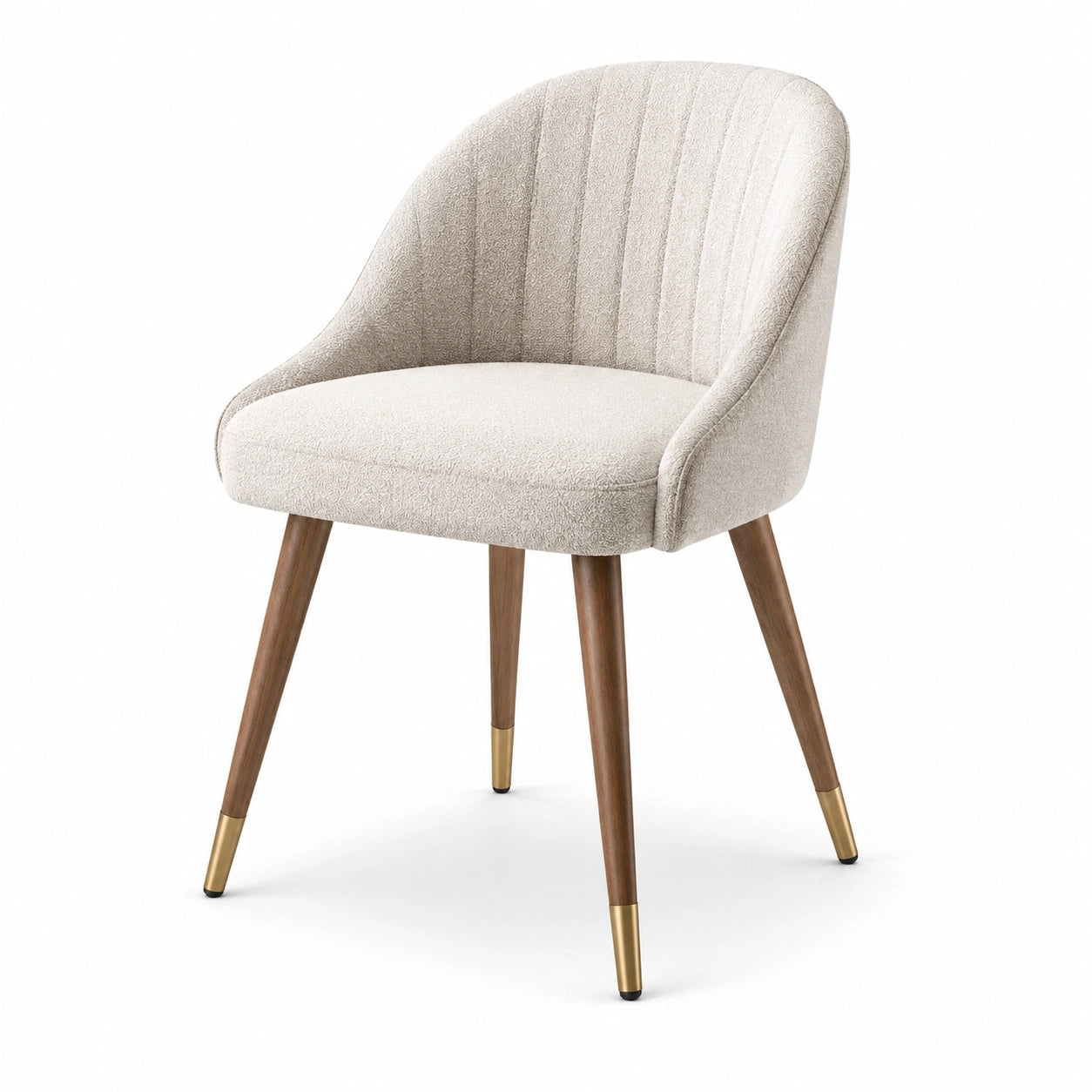 Sedia in tessuto bouclé beige con gambe in noce e ottone