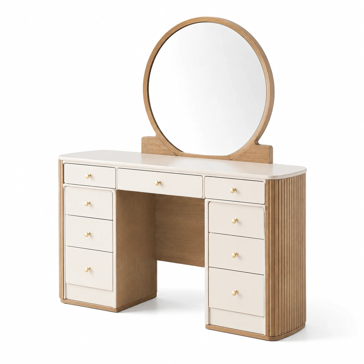 Tavolo da Toeletta in Legno e MDF con Specchio Rotondo e Cassetti Bianco 140x45x150 cm