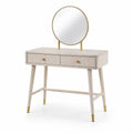 Toeletta con Specchio Rotondo in Legno Chiaro con Finiture Dorate
