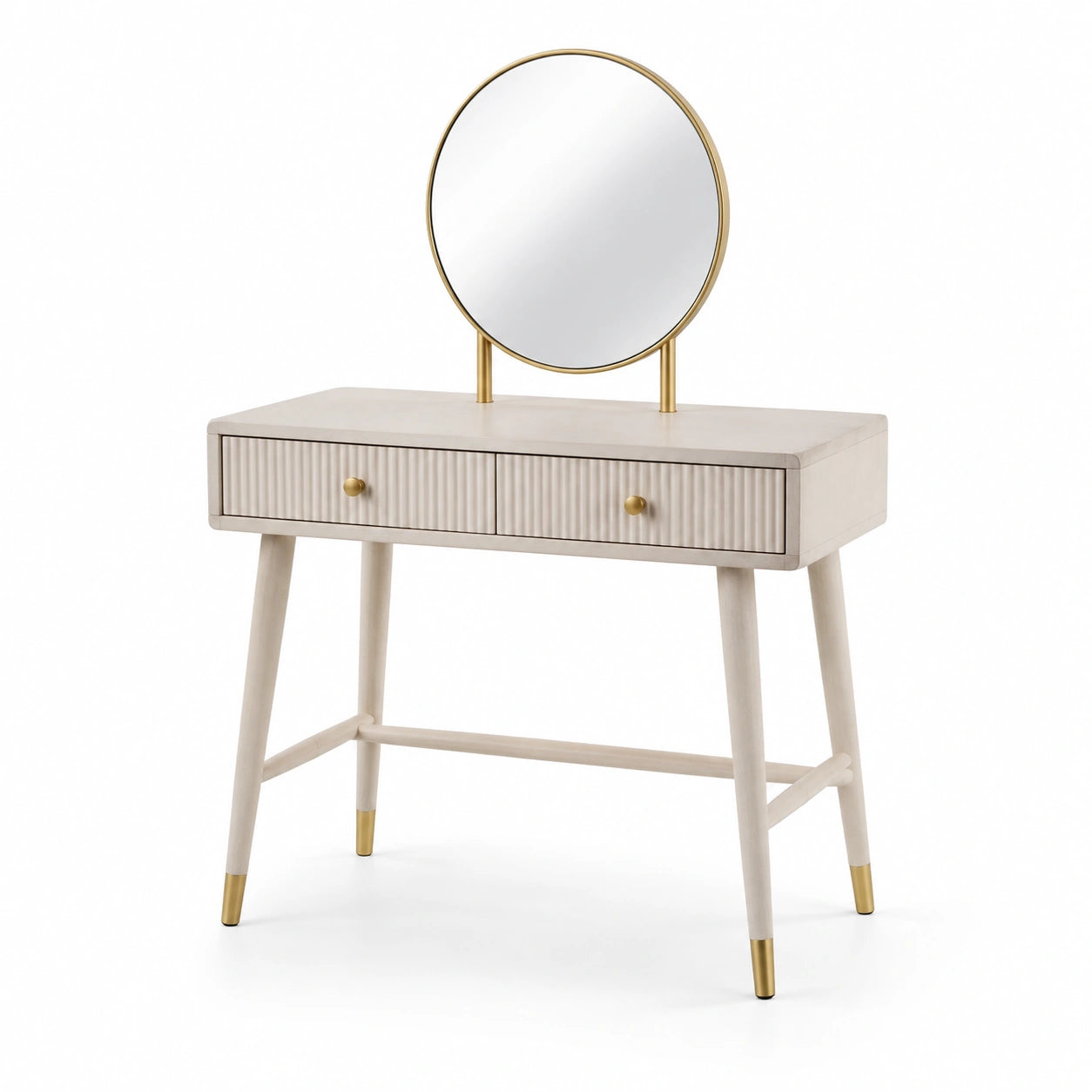 Toeletta con Specchio Rotondo in Legno Chiaro con Finiture Dorate
