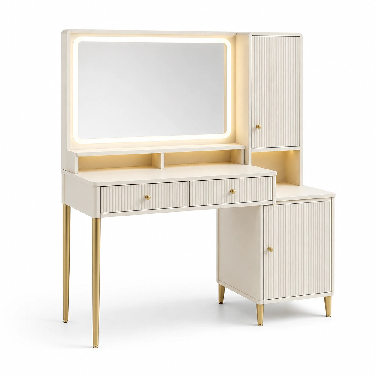 Tavolo da Toeletta con Specchio LED in Legno e Metallo Bianco Oro