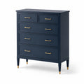 Cassettiera alta blu legno con maniglie in ottone