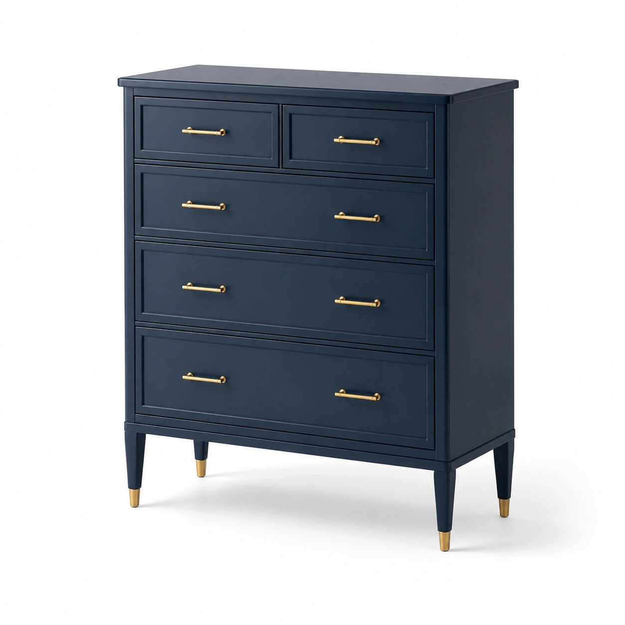 Cassettiera alta blu legno con maniglie in ottone