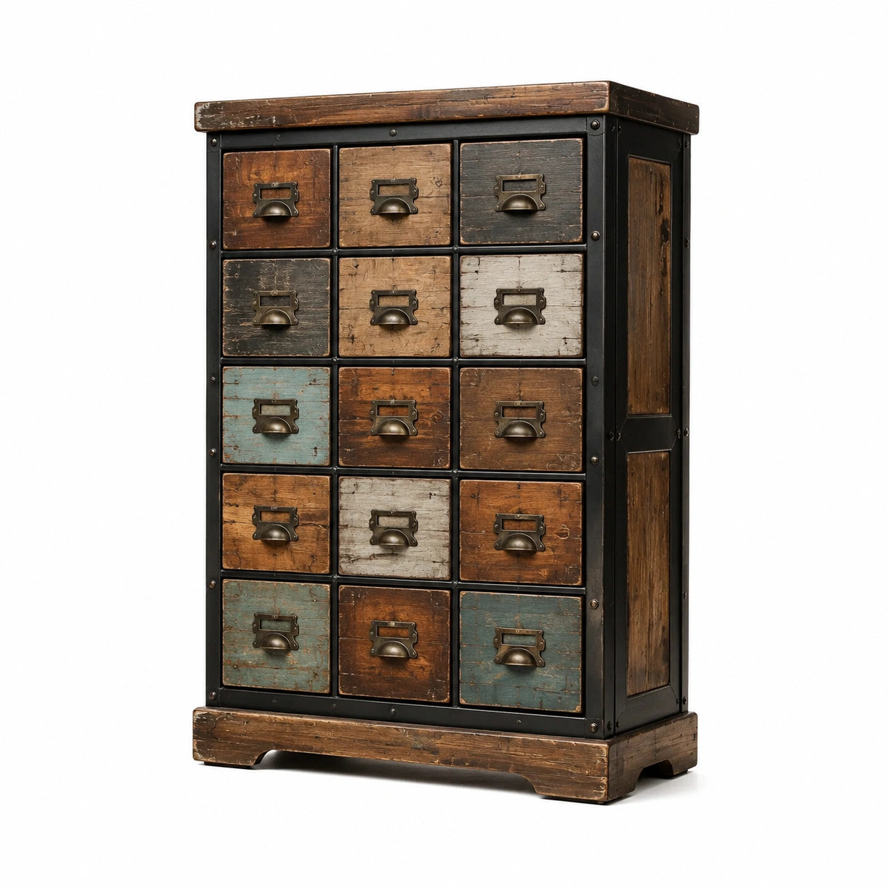 Cassettiera multicolore in legno e metallo con 15 cassetti
