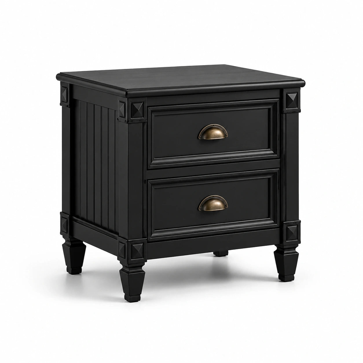 Comodino nero a due cassetti in legno con maniglie in ottone