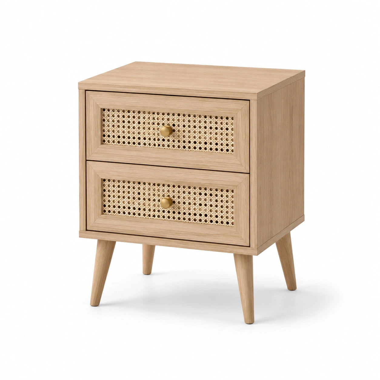 Comodino in legno con cassetti in rattan