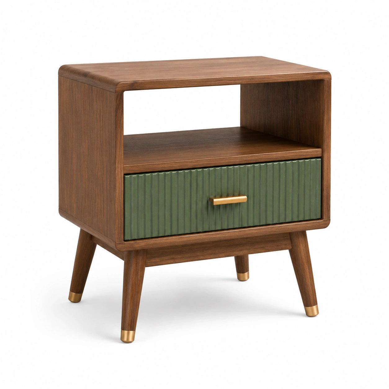 Comodino in legno di noce con cassetto verde e maniglie in metallo dorato
