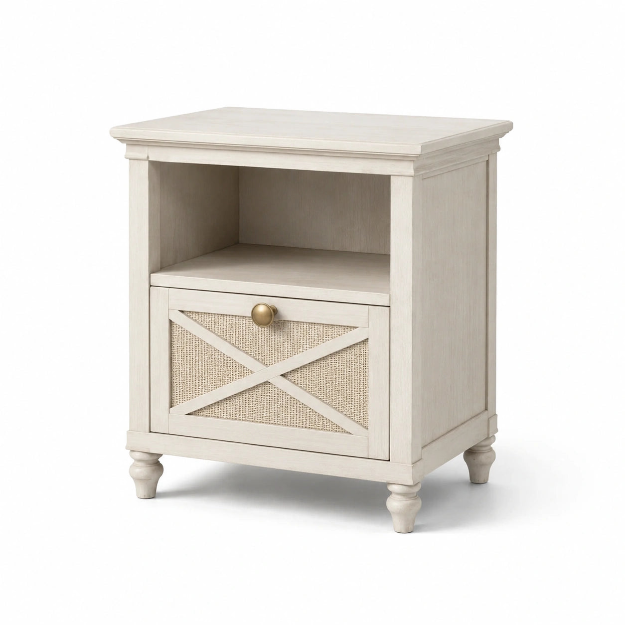Comodino in Legno di Pino con Cassetto Rattan Bianco