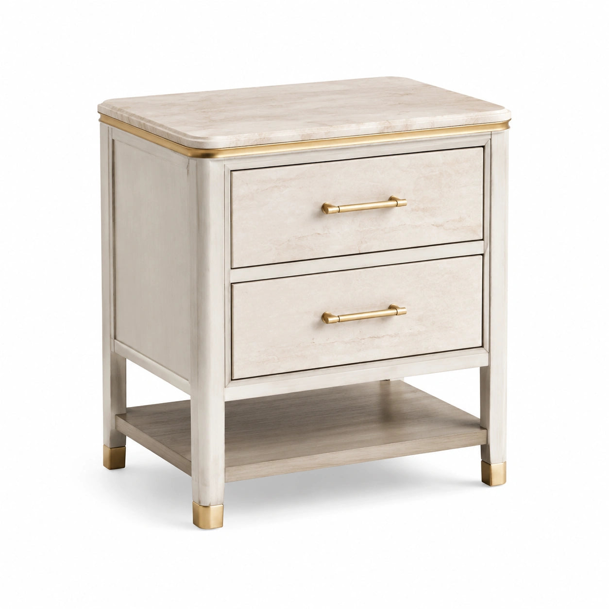 Comodino in legno ingegnerizzato con superficie in marmo e dettagli dorati 60x40x65 cm