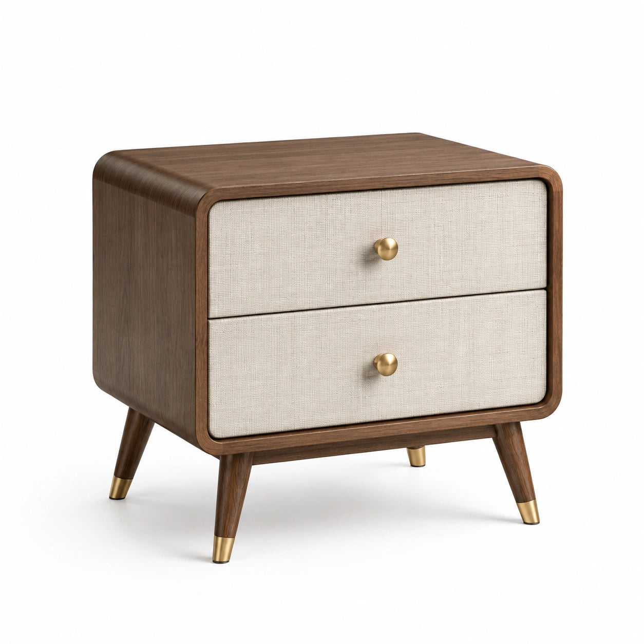 Comodino in legno con cassetti in tessuto beige