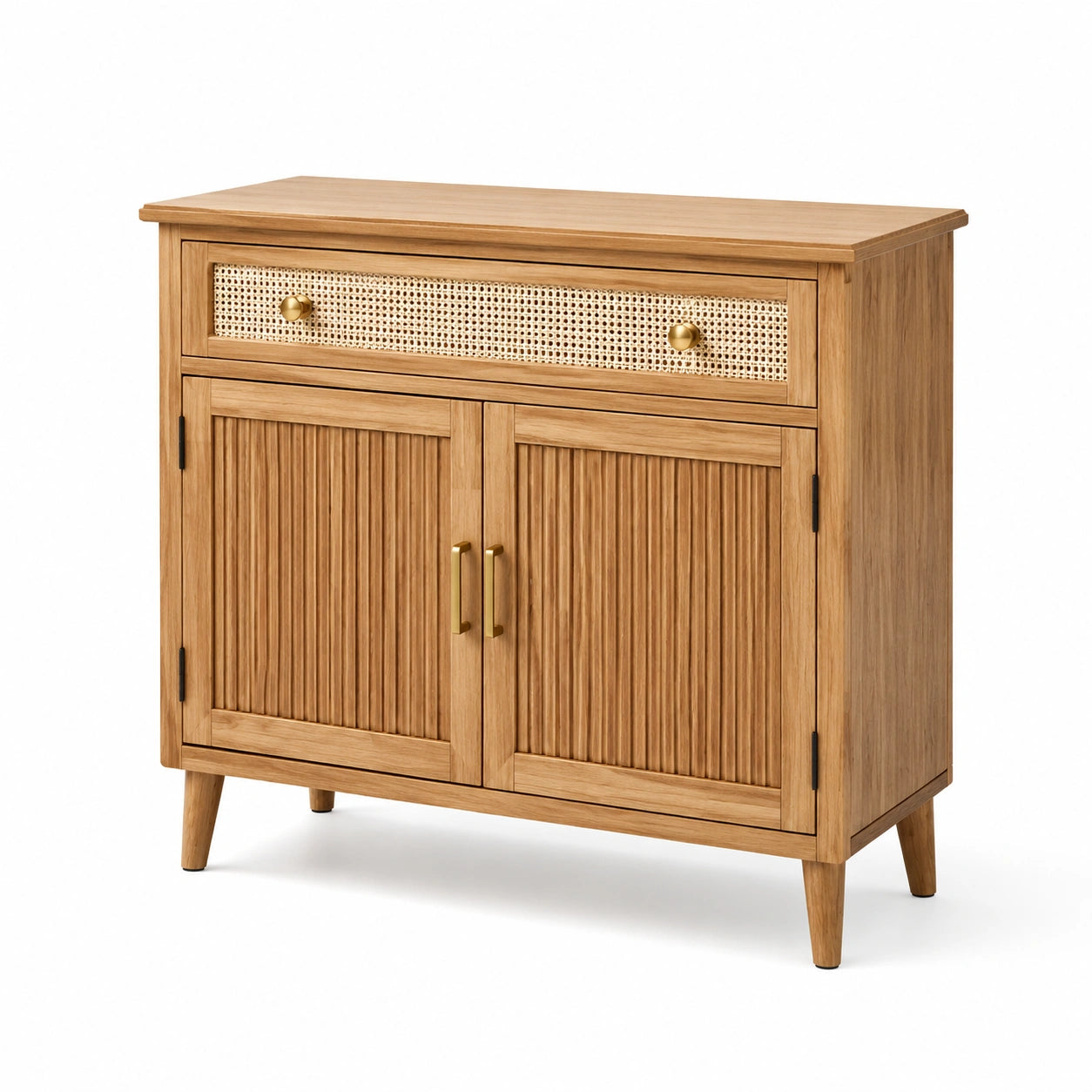 Credenza in legno di quercia con cassetto in rattan marrone
