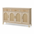 Credenza in legno con ante in rattan e maniglie dorate