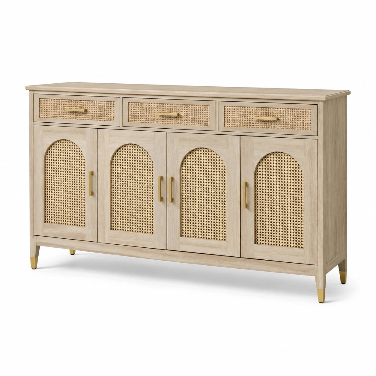 Credenza in legno con ante in rattan e maniglie dorate
