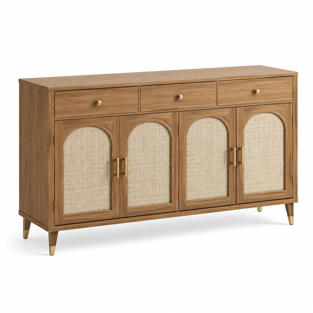Credenza in legno con ante in tessuto e maniglie in metallo marroni