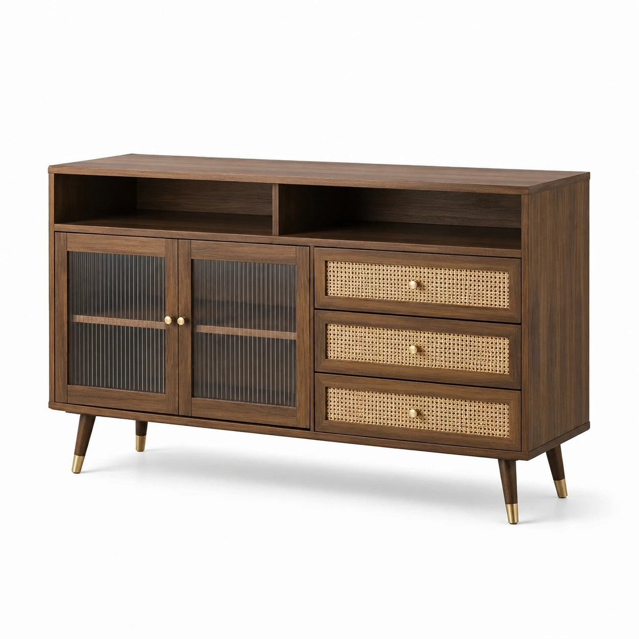 Credenza in legno con ante scanalate e cassetti in rattan, 120x40x85 cm