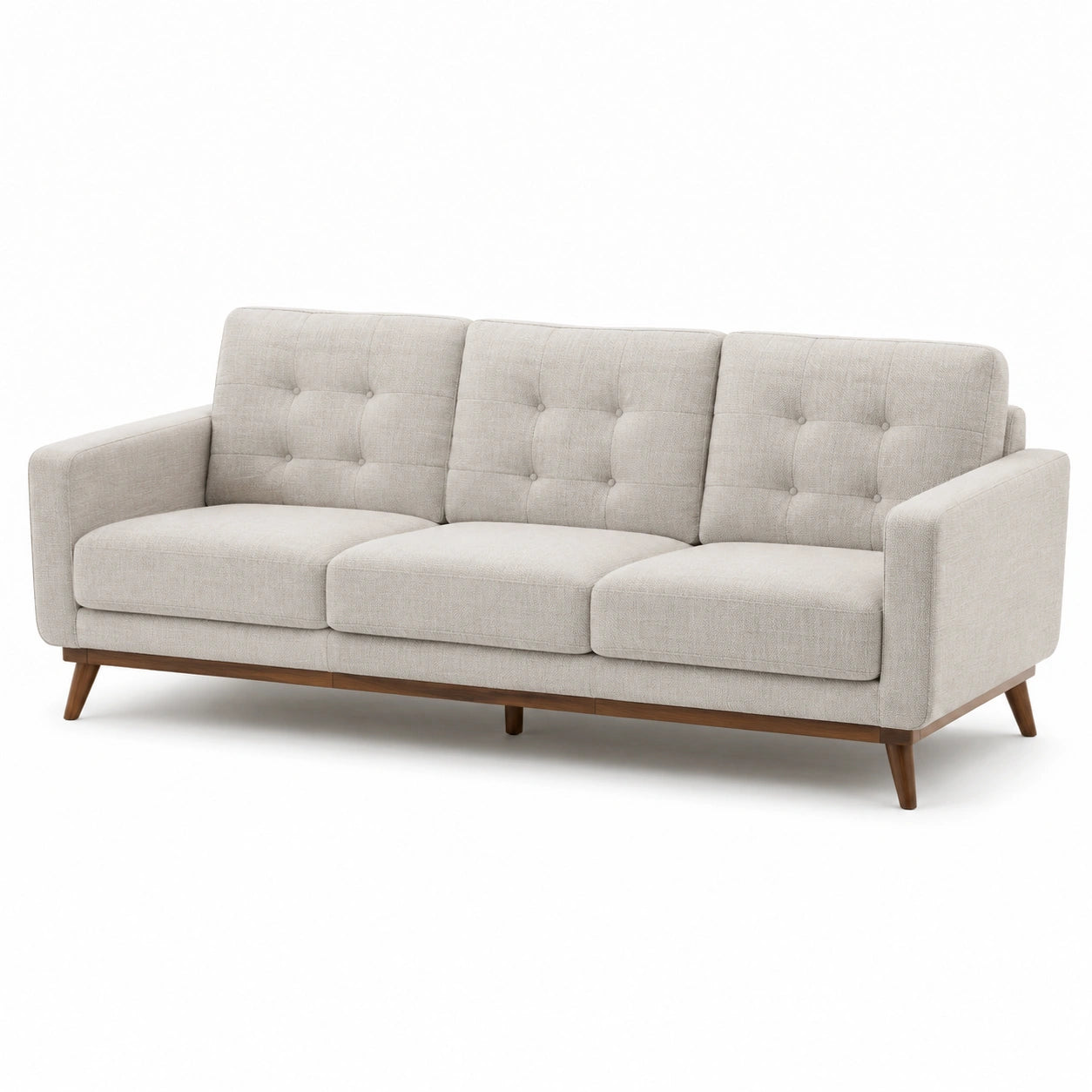 Divano a tre posti in tessuto con struttura in legno, beige, 220x90x85 cm