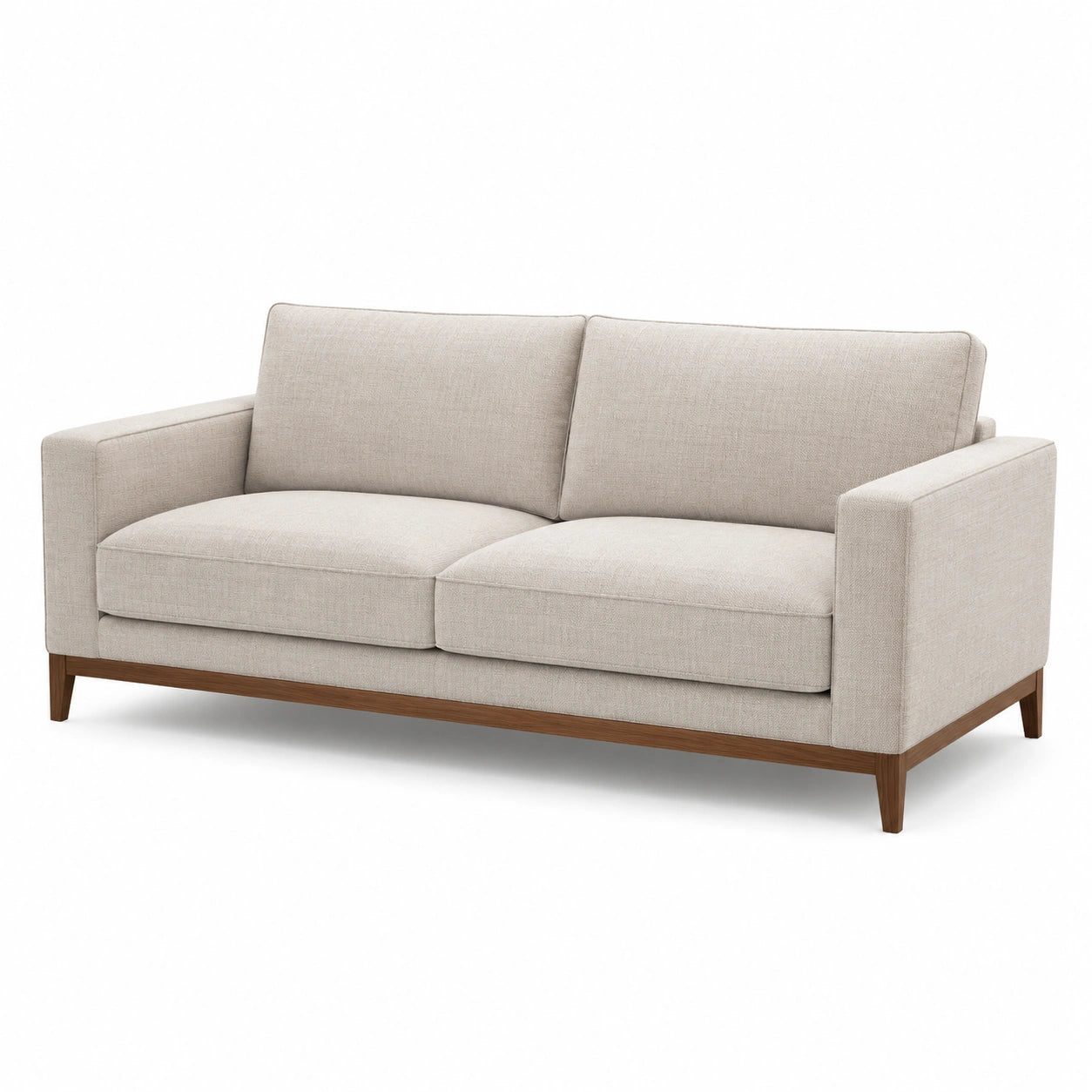 Divano a tre posti in tessuto beige e legno