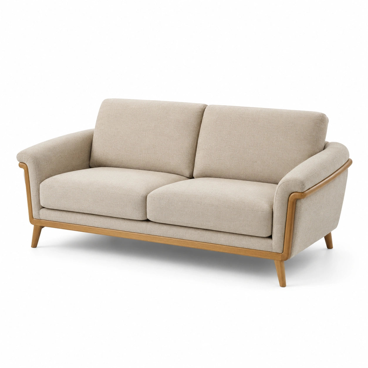 Divano due posti in legno e tessuto beige