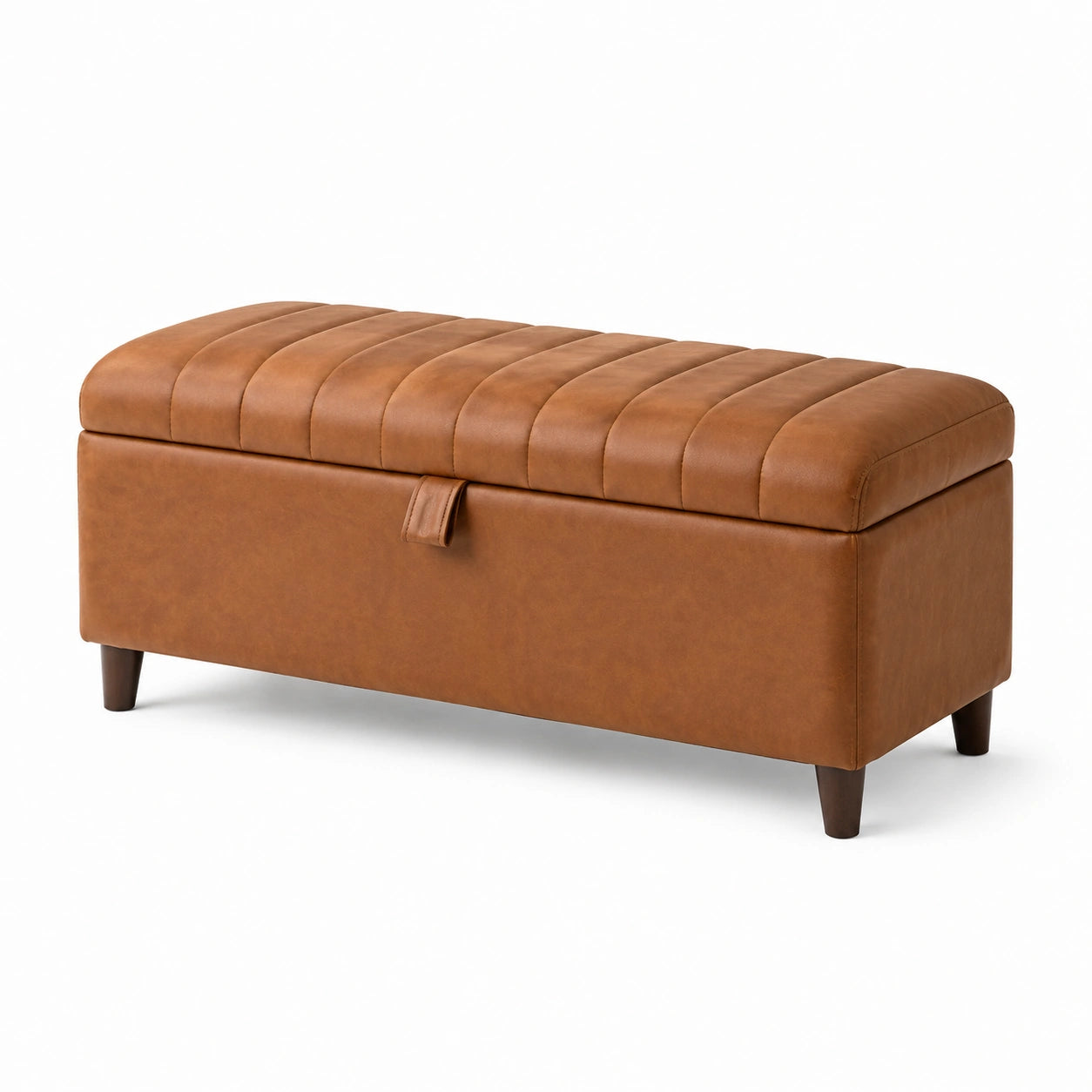 Panca Contenitore in Pelle PU Caramello con Gambe in Legno