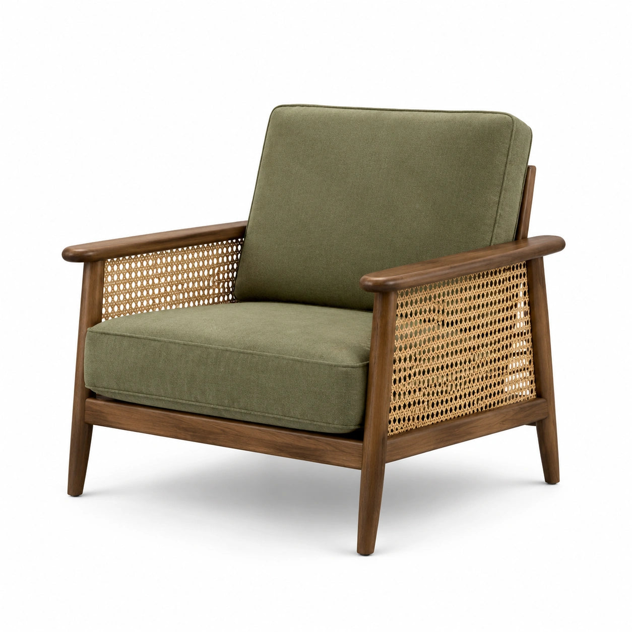 Poltrona in legno e rattan con seduta verde