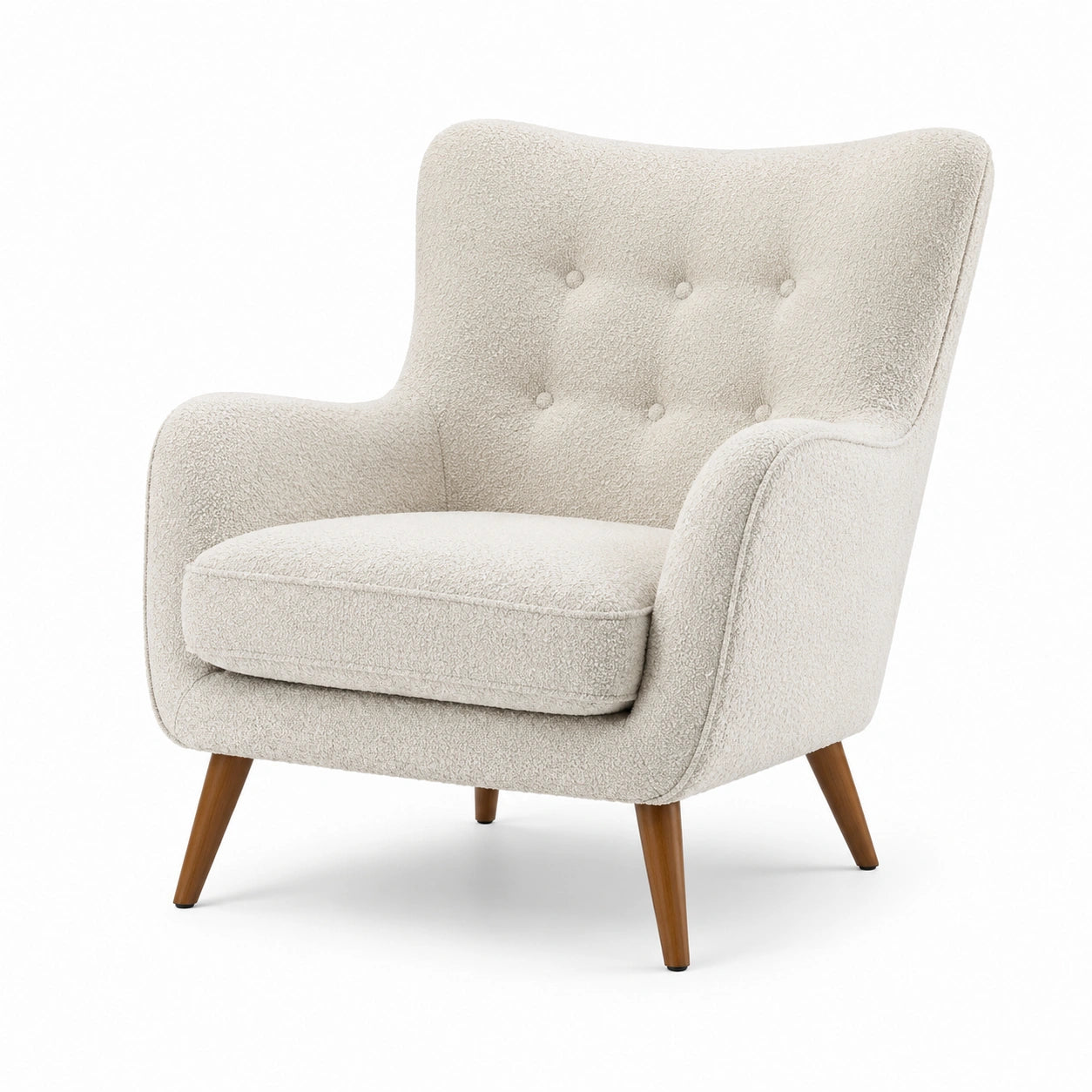 Poltrona in Tessuto Bouclé Beige con Gambe in Legno di Faggio