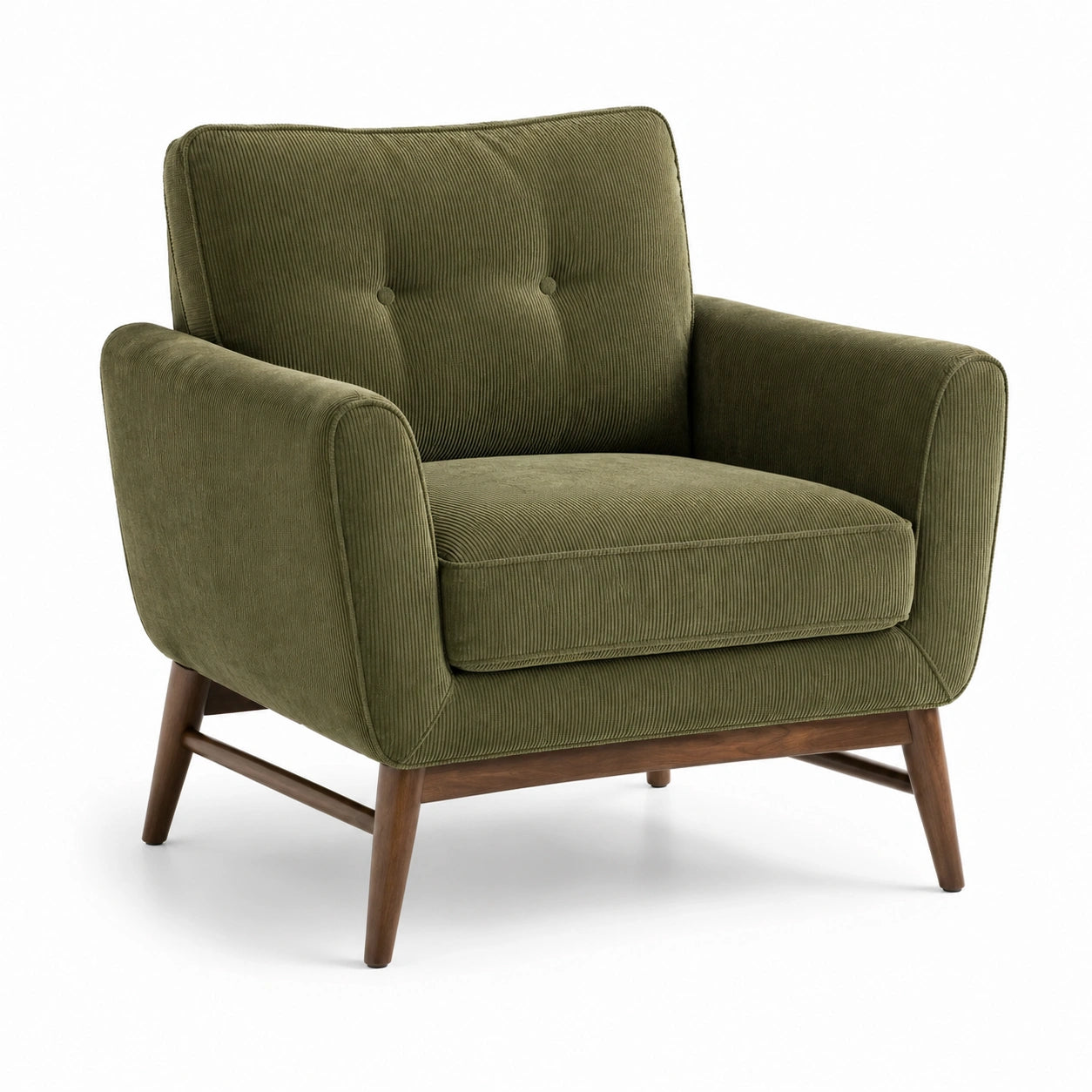 Poltrona in tessuto verde con struttura in legno