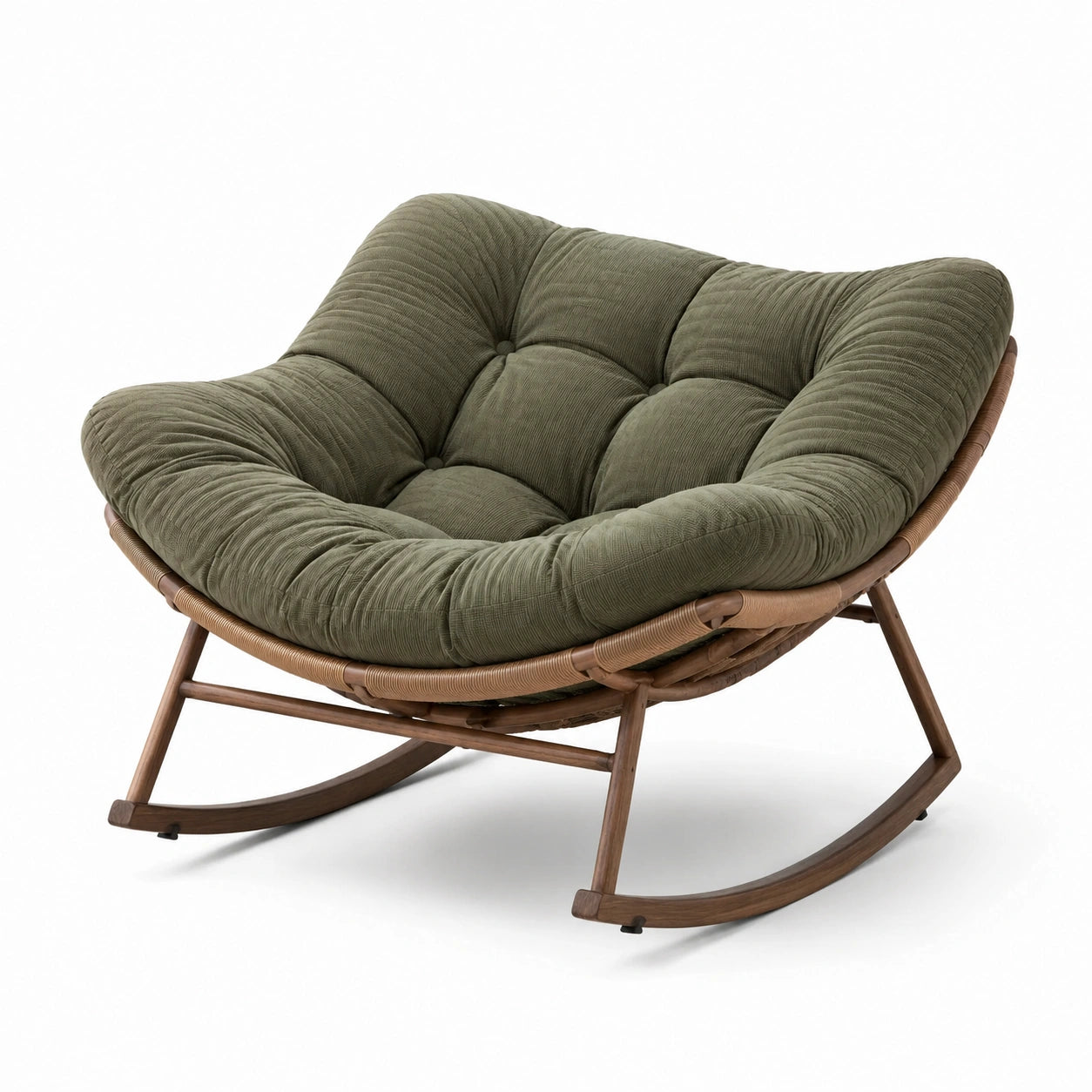 Sedia a dondolo in legno con cuscino in velluto corduroy verde
