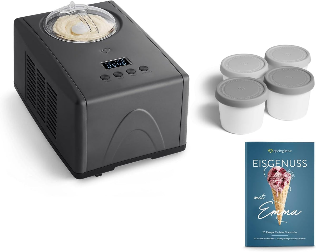 Springlane Kitchen, Gelatiera, 1,5 L, 150 W, 39 x 22 x 23 cm, Argento/Antracite, acciaio inox, vano contenitore, timer, spegnimento automatico