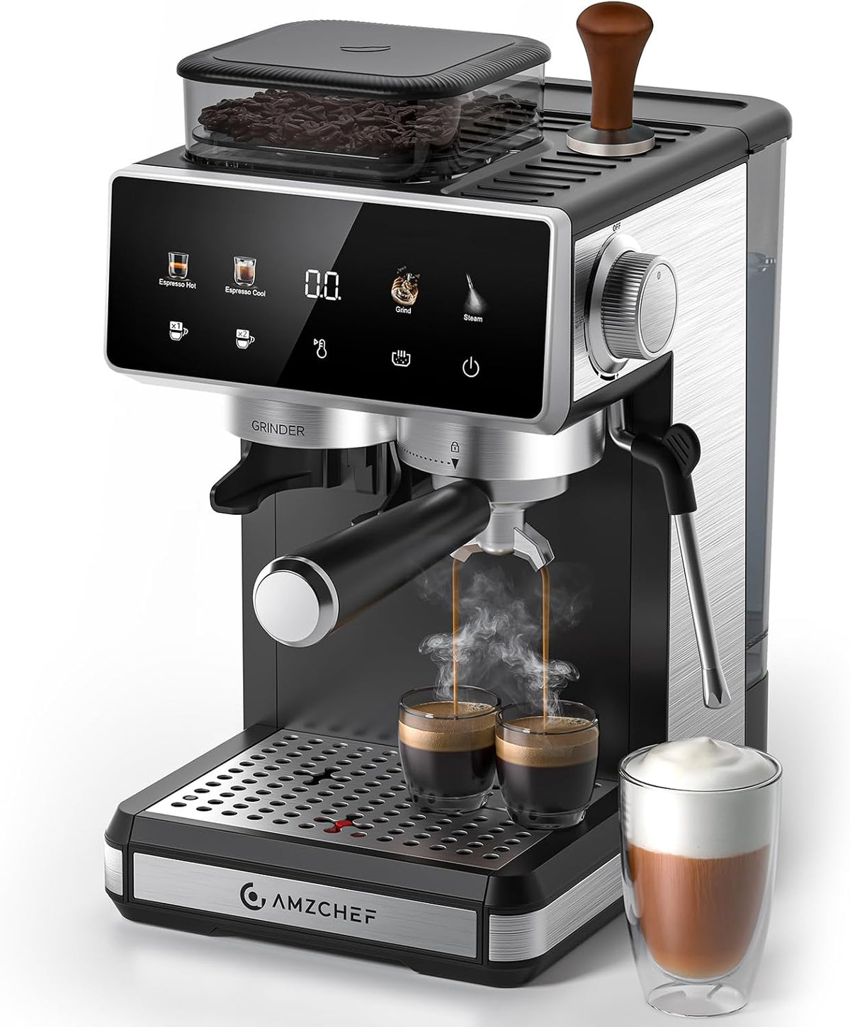 AMZCHEF, Macchina da caffè, 20 bar, Nero/Argento