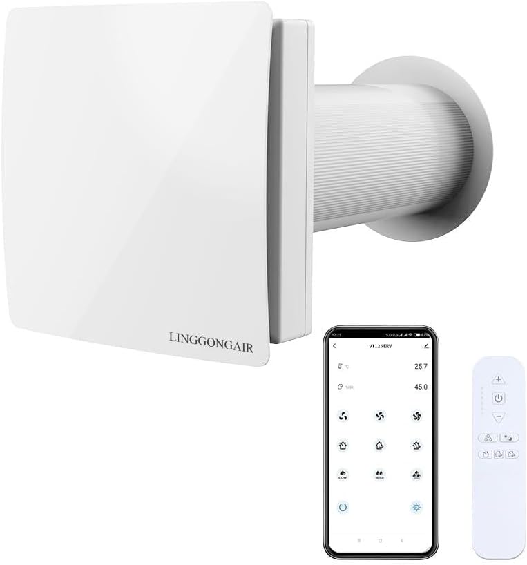 LINGGONGAIR, Ventole di aerazione, 125 mm, 60 m³/h, Bianco, Wi-Fi, telecomando