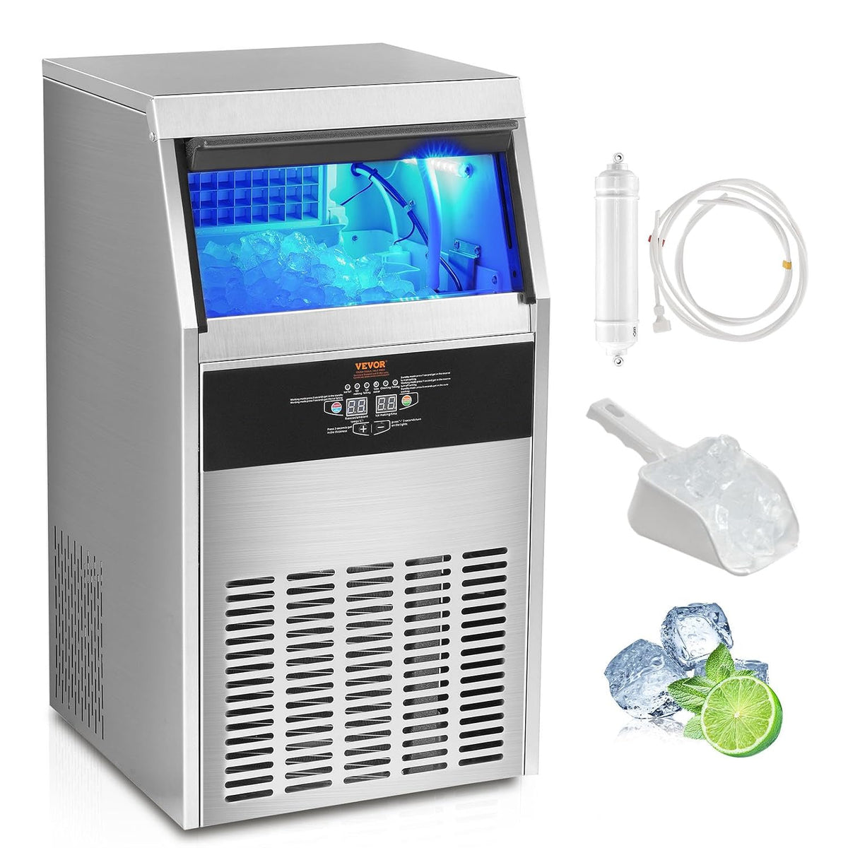 Macchina per cubetti di ghiaccio, VEVOR, 47 kg, Grigio, acciaio inox, autopulizia