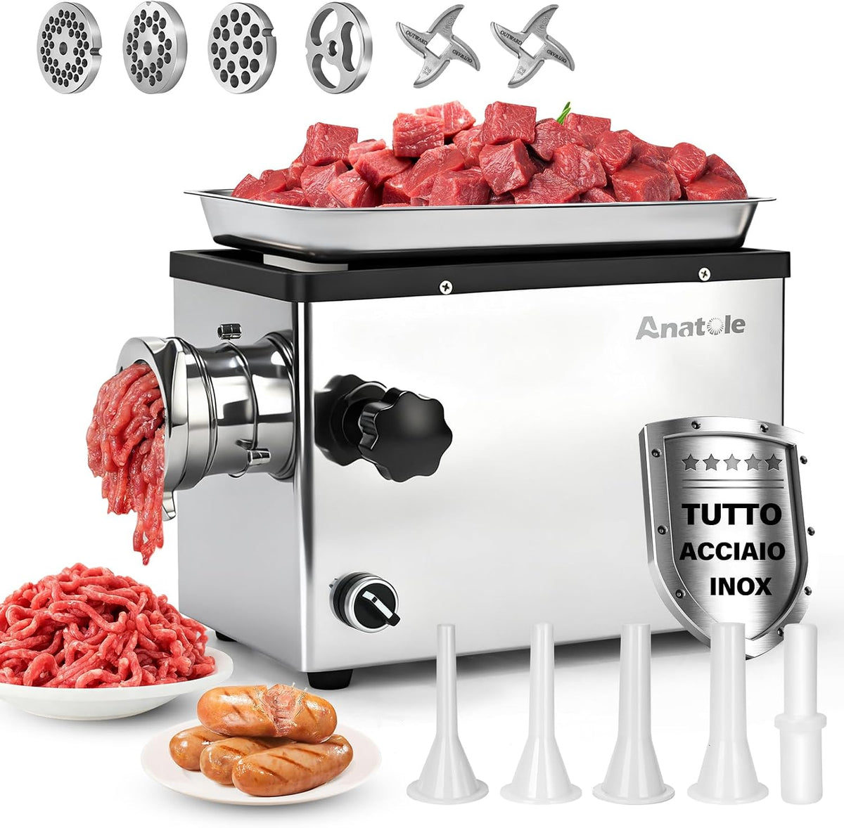 Tritacarne, Anatole, 1100 W, 35,5x 20x 2,5 cm, 10 mm, Argento, acciaio inox