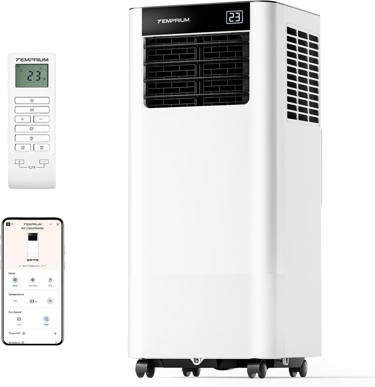 Temprium, Condizionatore portatile, 7000 BTU, 48 dB, 20 m, Bianco, telecomando, timer
