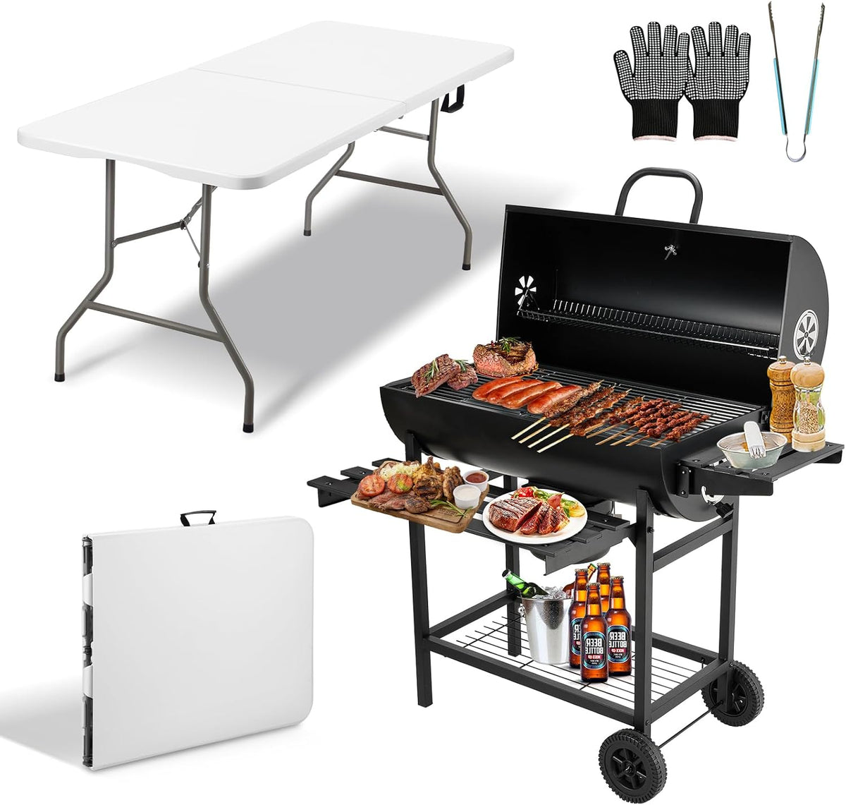 TEENO, Tavolo, 70 x 35 cm, 180 cm, Bianco, struttura pieghevole, funzione grill