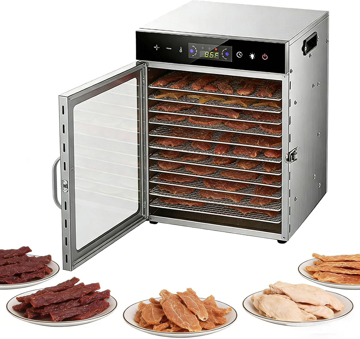 SEDAMORALLY, Essiccatori per alimenti, 30-90°C, 28 x 20 cm, 2 kg, Argento, acciaio inox, illuminazione LED, timer