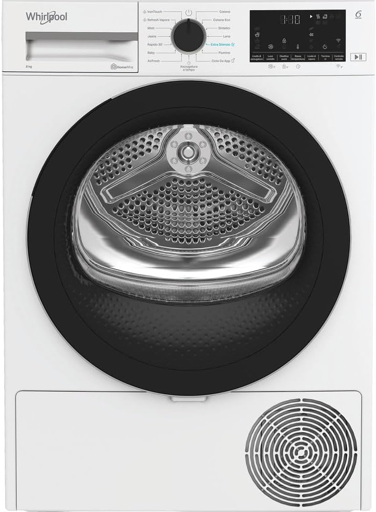 Asciugatrice a pompa di calore, R48M, Whirlpool, 8 kg, 110 L, 1,5 m, Bianco, Wi-Fi, motore inverter, pompa di calore