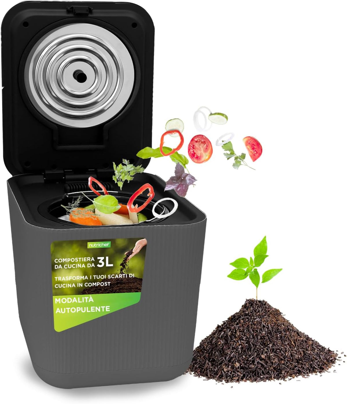 NutriChef, Secchi per fertilizzanti organici, 3 Litri, Grigio, autopulizia