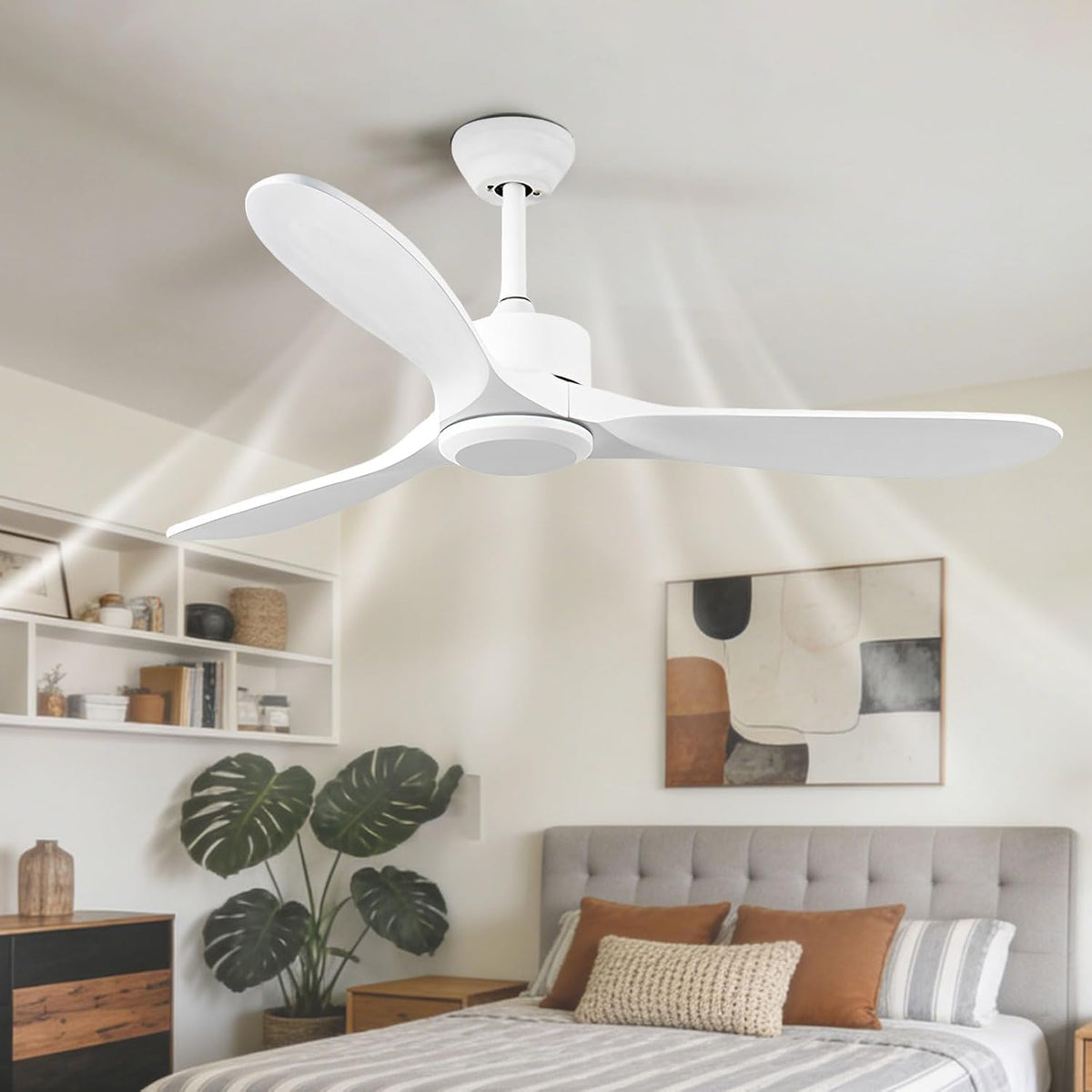 Ventilatori da soffitto con lampada, SXZHEMIBLE, 30 dB, 31 cm, Bianco, legno massello, Wi-Fi, telecomando, timer