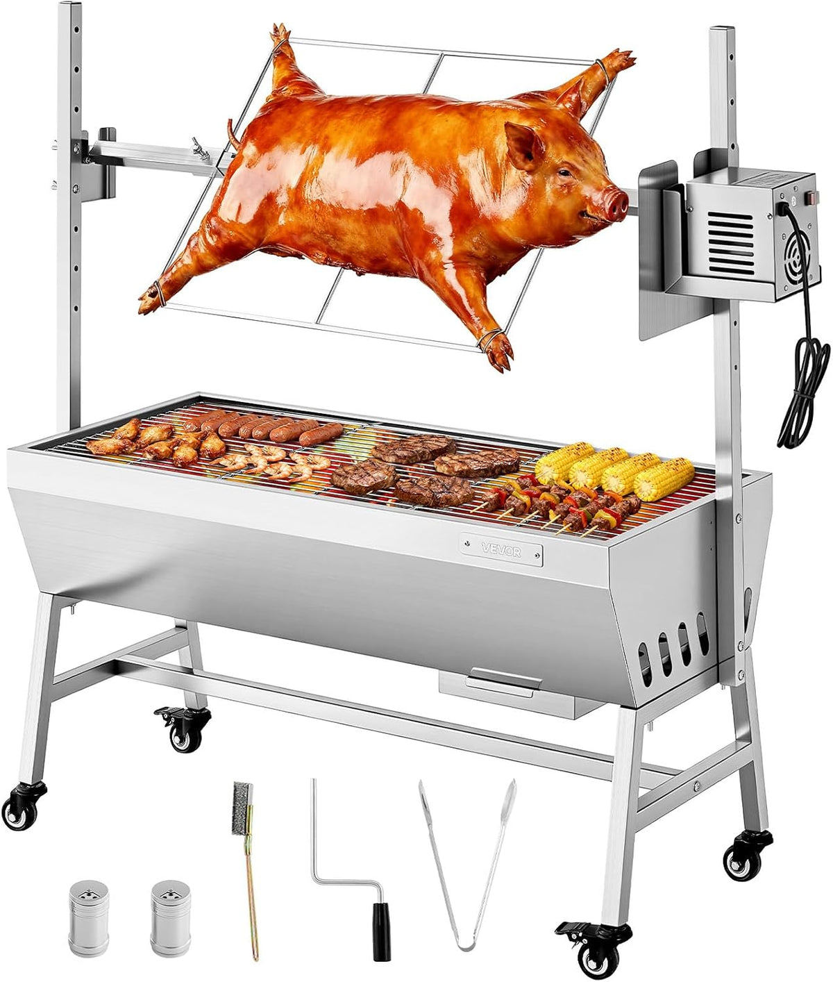 VEVOR, Barbecue a carbone, 94 cm, 38 W, 60 kg, Argento, acciaio inox, altezza regolabile, funzione grill