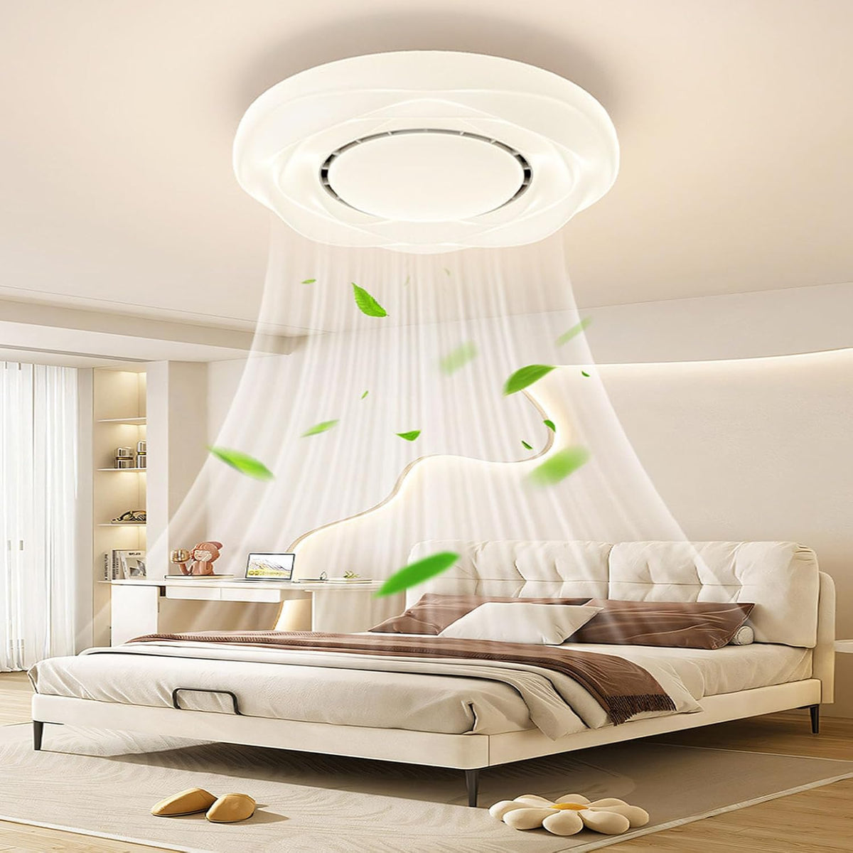 DDYY, Ventilatori da soffitto con lampada, K-5700, 50,1 × 50,1 × 15 cm, Bianco, illuminazione LED, telecomando, timer