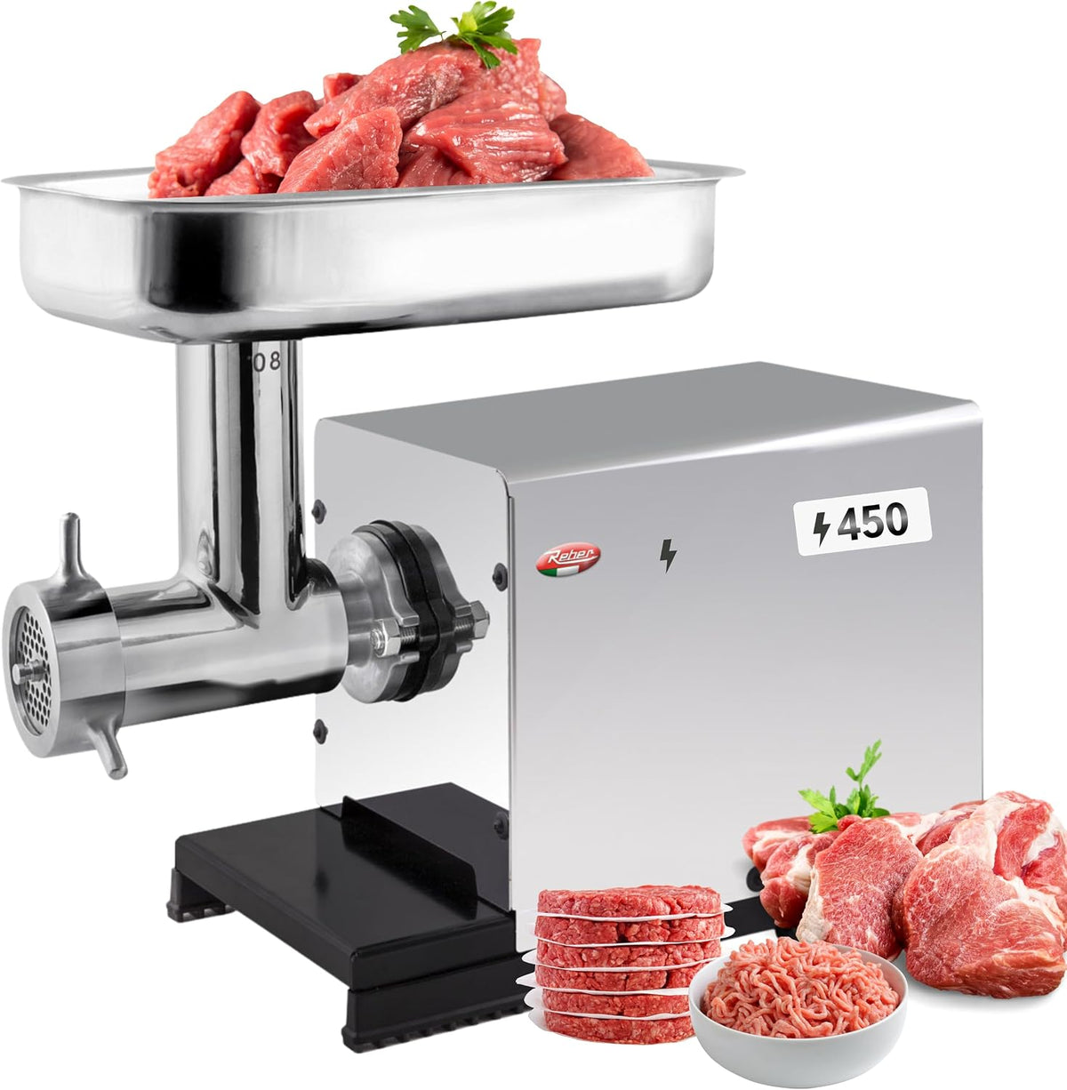 Reber, Tritacarne, N.8, 450 W, 120 g, 4,5 mm, Nero, acciaio inox
