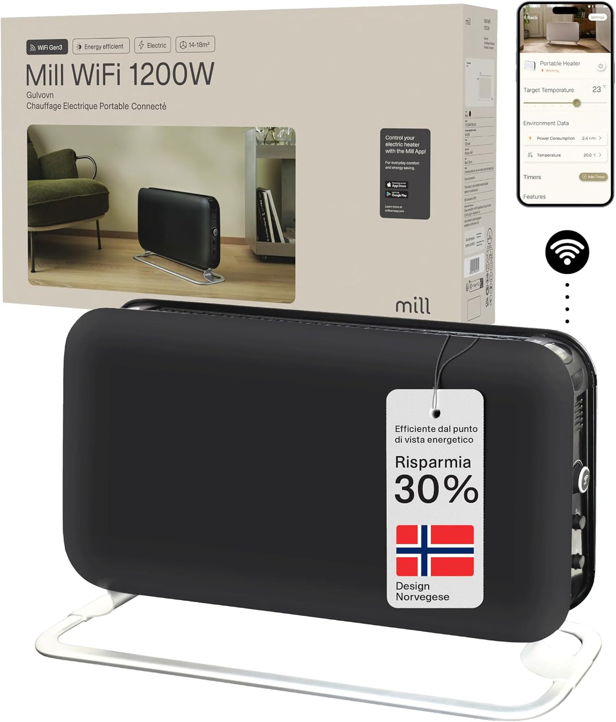 Mill, Stufe elettriche, 1200 W, 18 m, Nero, Wi-Fi
