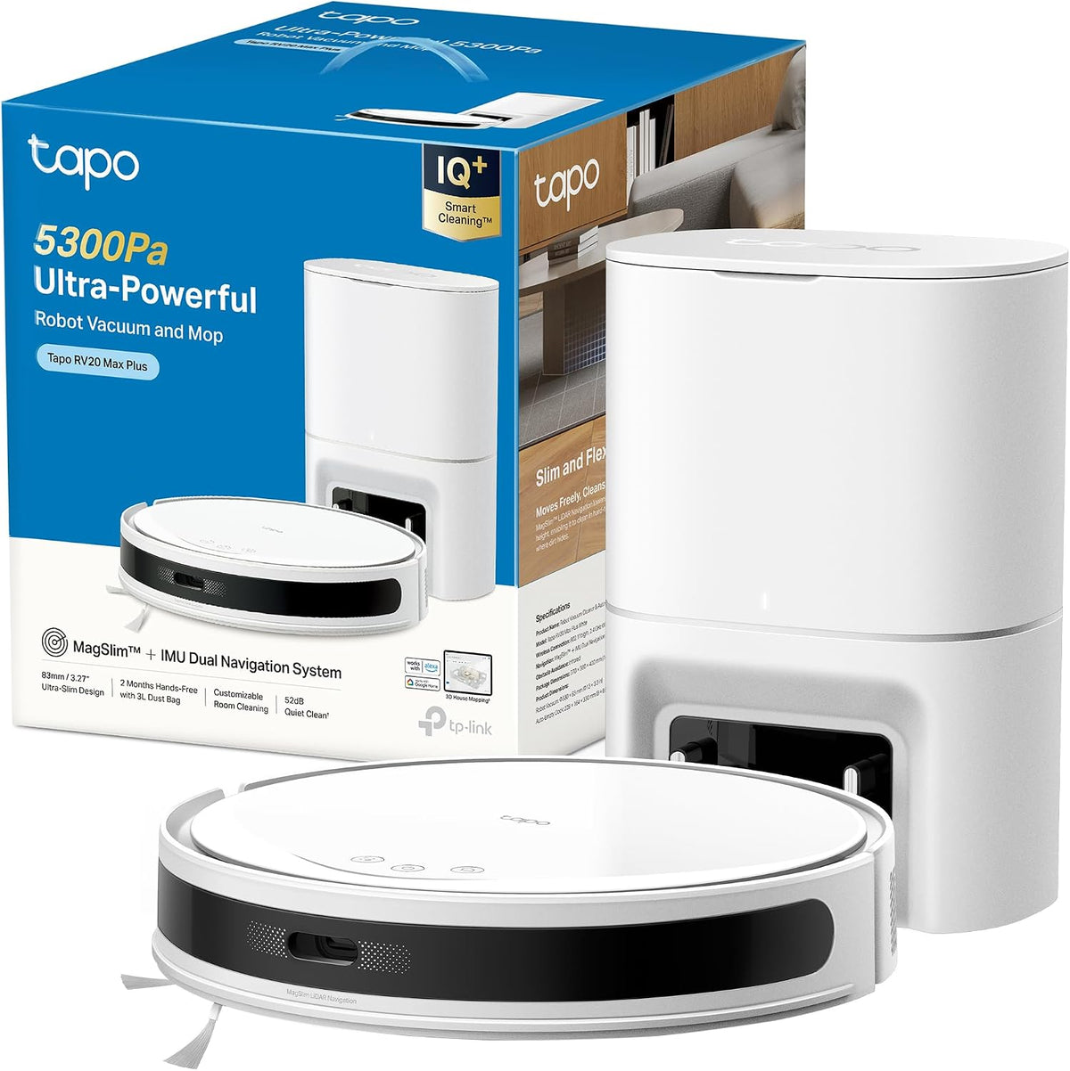Tapo, Robot aspirapolvere, RV20, 3 L, 83 mm, Bianco